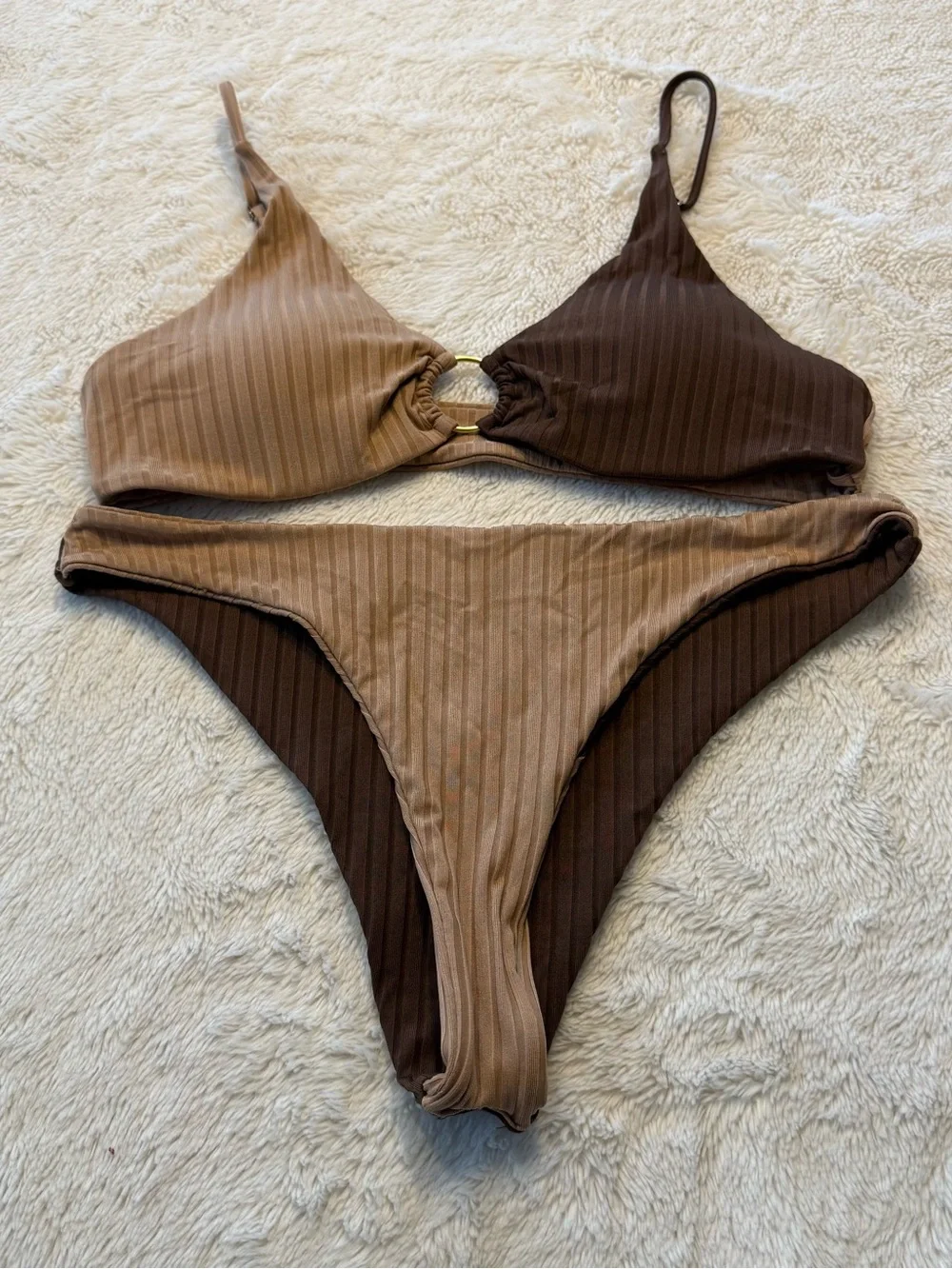 SHEIN Two-Tone Brown Ribbed Ring-Accent Bikini